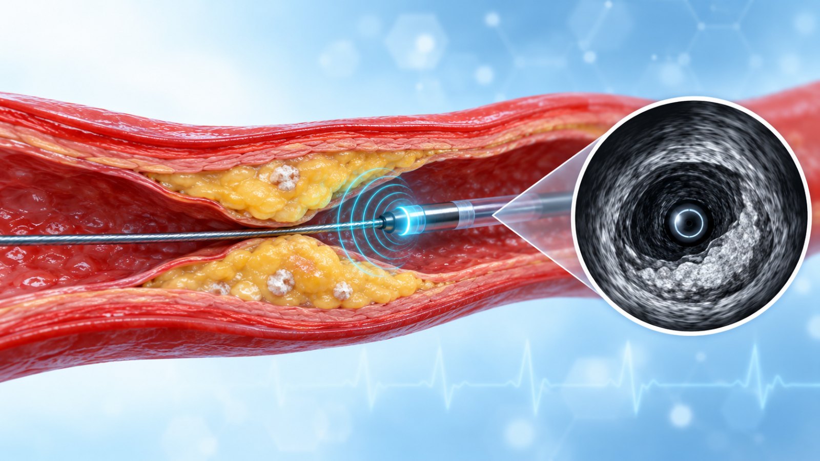 Illustration of an IVUS imaging catheter inside a coronary artery showing plaque layers