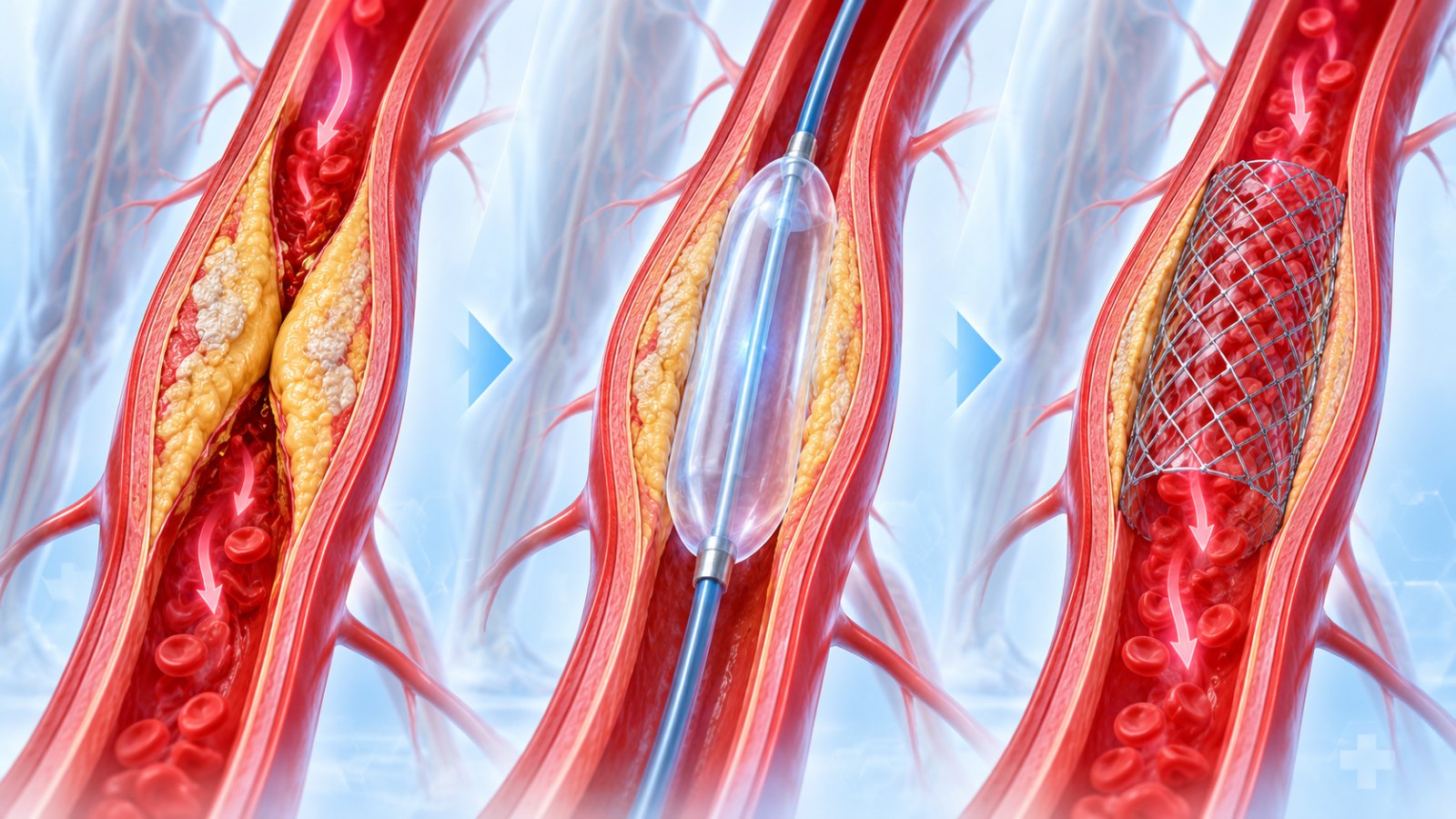 Illustration of a narrowed leg artery being reopened with balloon angioplasty and a stent