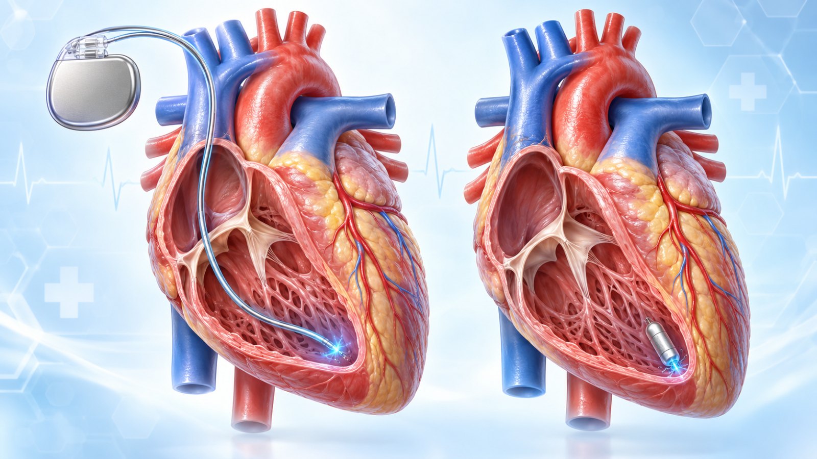 Illustration comparing a traditional pacemaker with a lead and a leadless pacemaker capsule inside the heart